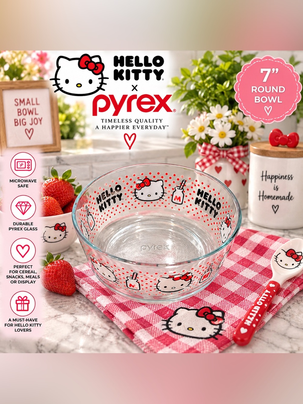Hello Kitty Pyrex Clear Glass Bowl with Red and Pink Accents